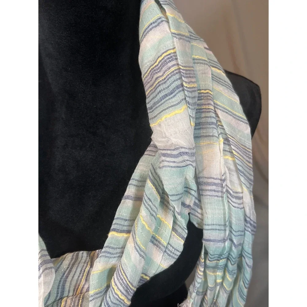 Unbranded Women Striped Lightweight Scarf Green Blue Yellow Metallic Frayed Edge
